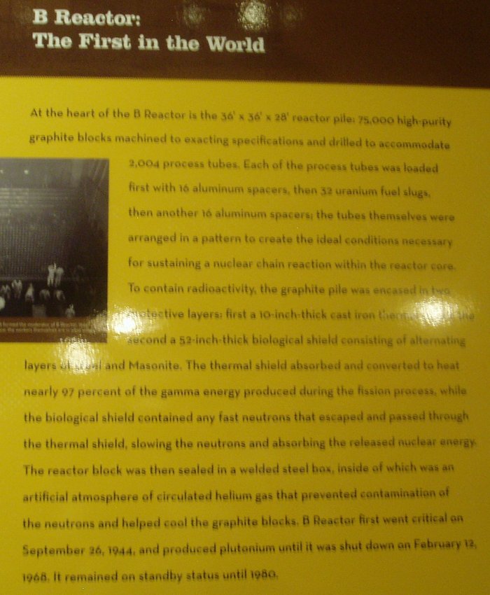 Info on Hanford's B Reactor, which produced plutonium from 1944 to 1968