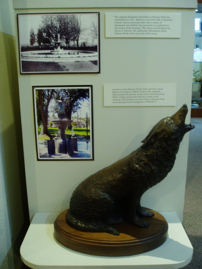 Now the fountain has a bronze statue of Sacajawea. Also, the cement coyotes were replaced with bronze coyotes.