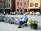 Dad and I wait for the Nobel Museum to open